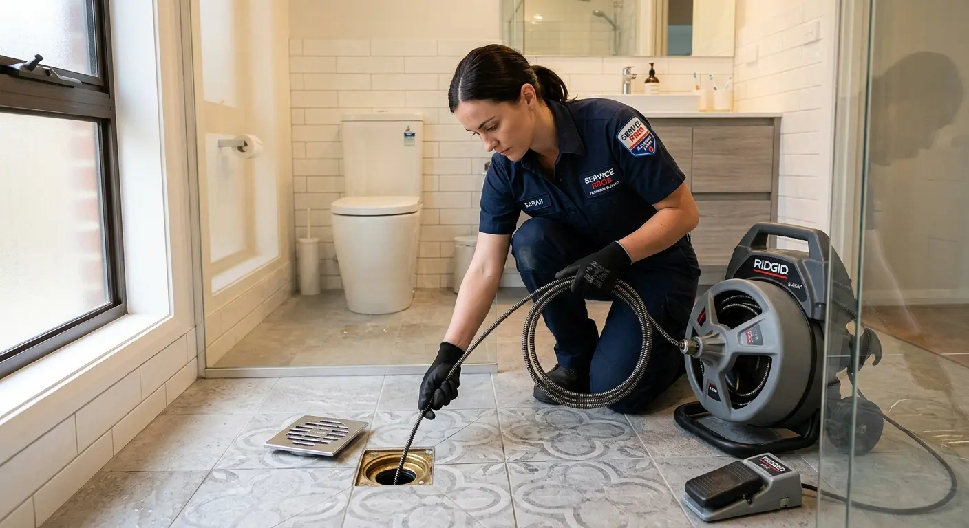 Technician clearing a bathroom floor drain for Sewer Line Replacement in West Loch Estate